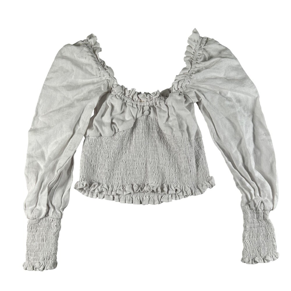 Faithfull The Brand Blouse Womens Small Bell Rose Linen Top Smocked Puff Sleeve